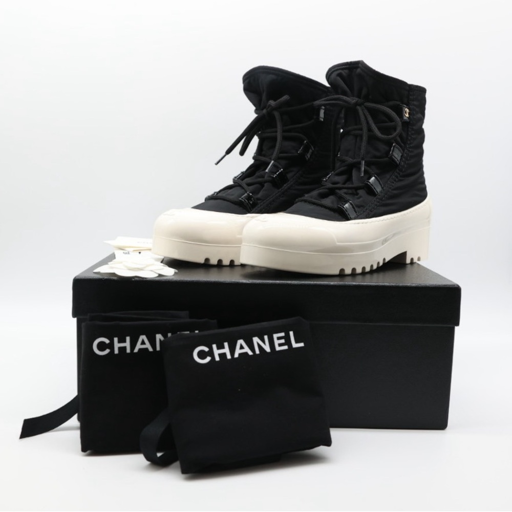 CHANEL Black Nylon Ankle Boots with White Rubber Sole size 38 - Picture 2 of 13